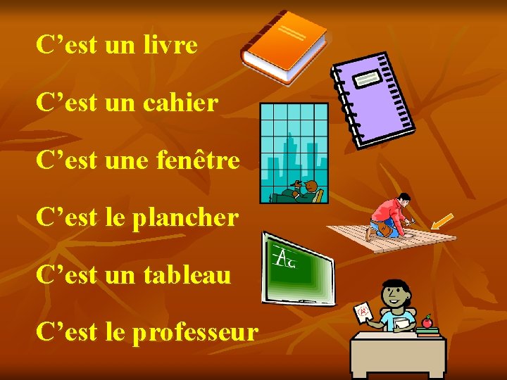 C’est un livre C’est un cahier C’est une fenêtre C’est le plancher C’est un