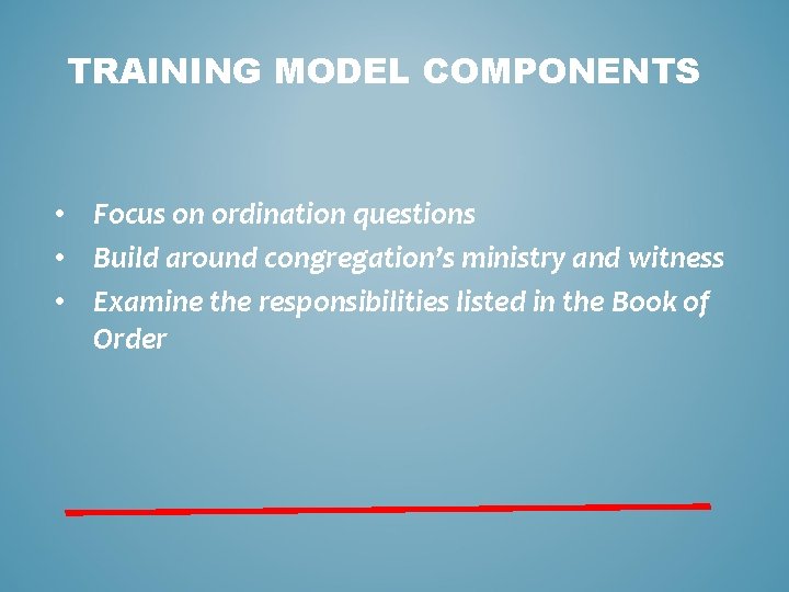 TRAINING MODEL COMPONENTS • Focus on ordination questions • Build around congregation’s ministry and