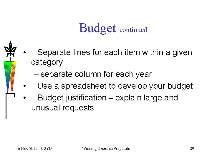 Budget continued • Separate lines for each item within a given category – separate