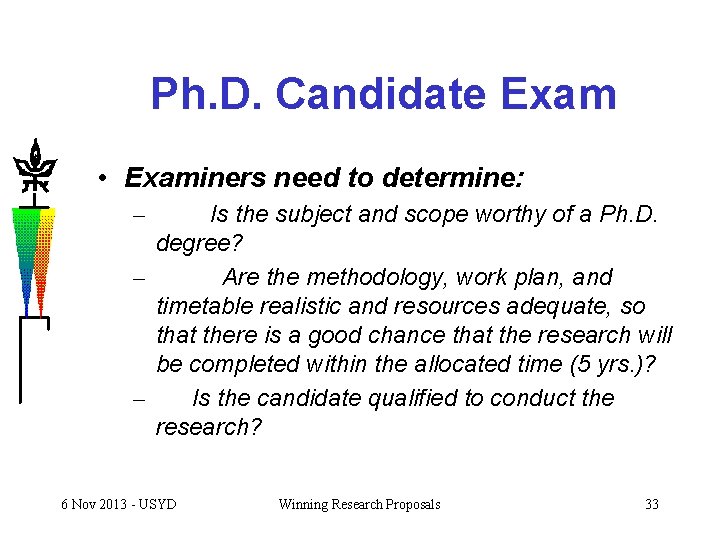 Ph. D. Candidate Exam • Examiners need to determine: – Is the subject and