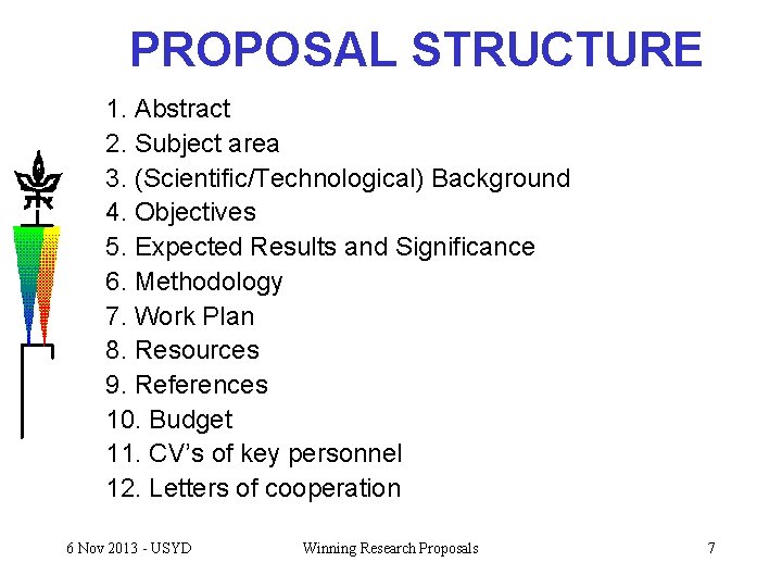 PROPOSAL STRUCTURE 1. Abstract 2. Subject area 3. (Scientific/Technological) Background 4. Objectives 5. Expected