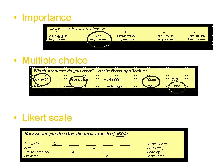  • Importance • Multiple choice • Likert scale 