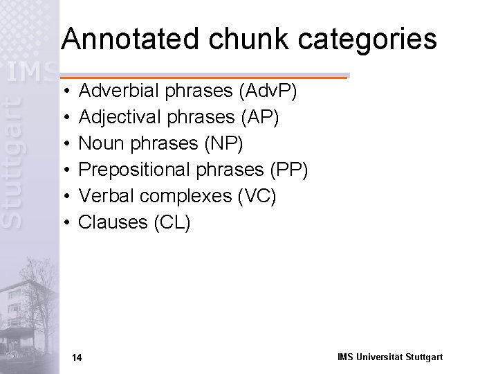 Annotated chunk categories • • • Adverbial phrases (Adv. P) Adjectival phrases (AP) Noun