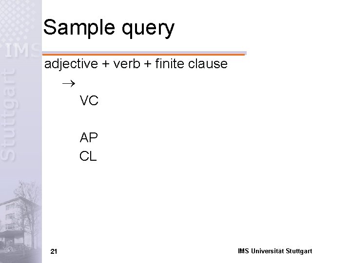 Sample query adjective + verb + finite clause VC AP CL 21 IMS Universität