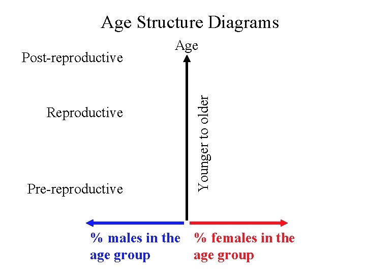 Age Structure Diagrams Reproductive Pre-reproductive Younger to older Post-reproductive Age % males in the