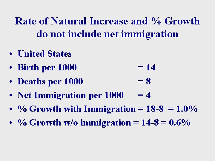 Rate of Natural Increase and % Growth do not include net immigration • •