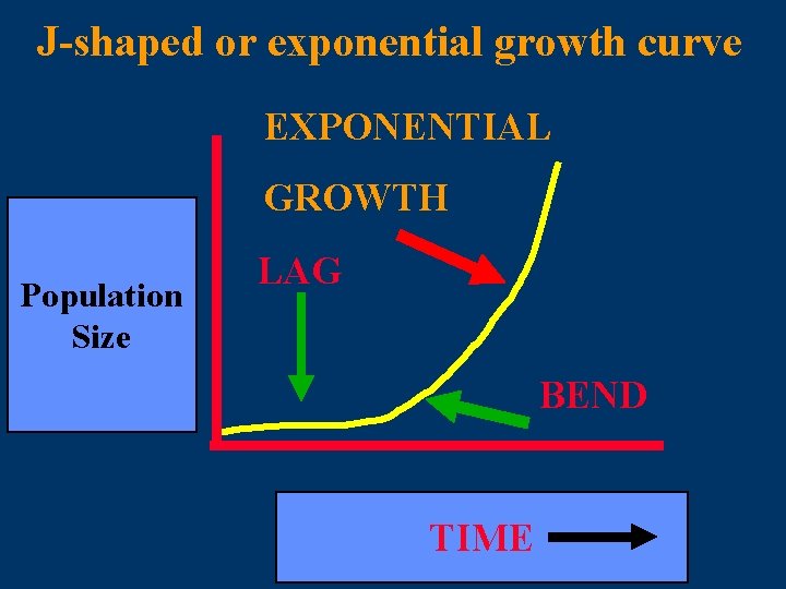 J-shaped or exponential growth curve EXPONENTIAL GROWTH Population Size LAG BEND TIME 
