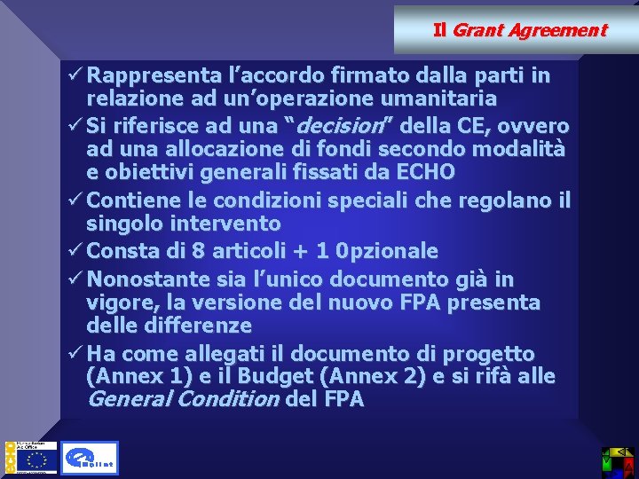 Il Grant Agreement ü Rappresenta l’accordo firmato dalla parti in relazione ad un’operazione umanitaria