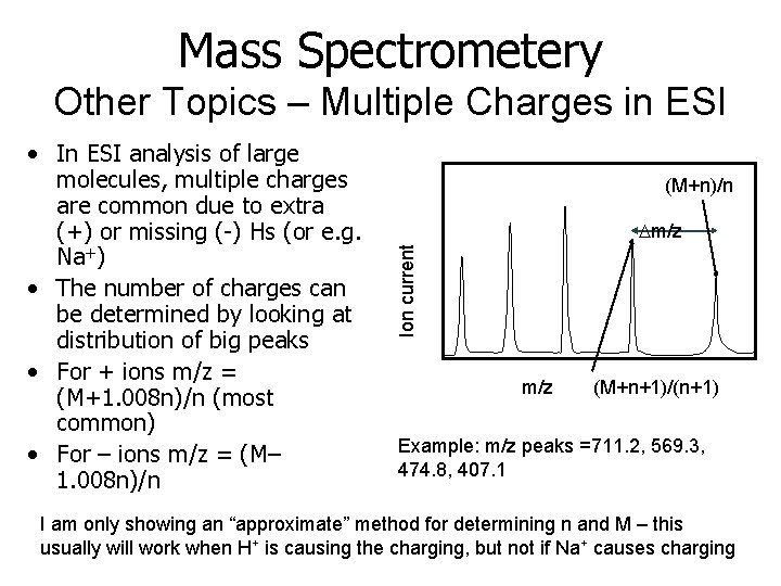 Mass Spectrometery Other Topics – Multiple Charges in ESI (M+n)/n Dm/z Ion current •