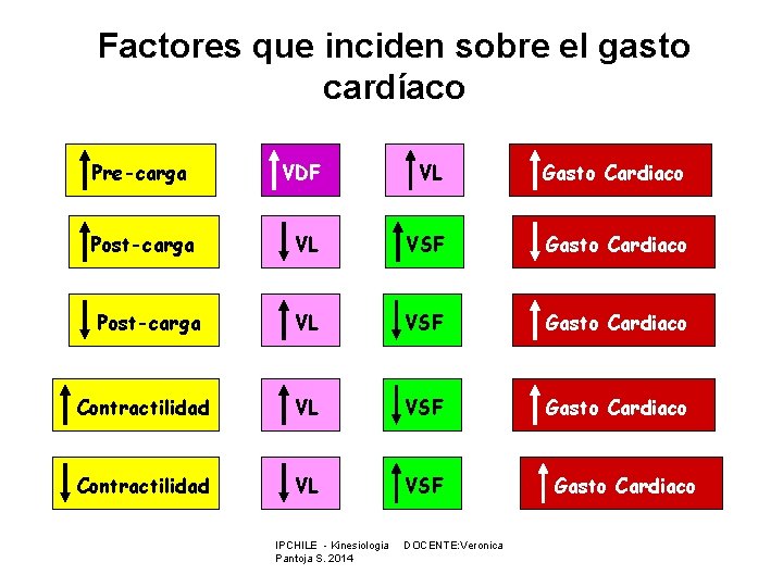 Factores que inciden sobre el gasto cardíaco Pre-carga VDF VL Gasto Cardiaco Post-carga VL