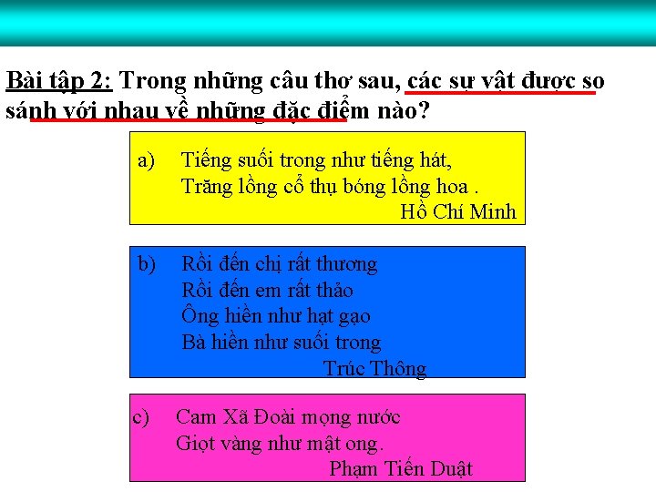 Bài tập 2: Trong những câu thơ sau, các sự vật được so sánh