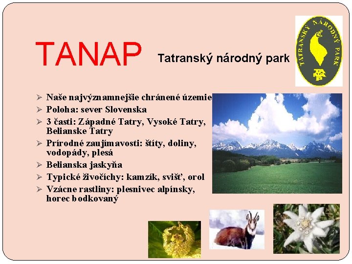 TANAP Tatranský národný park Ø Naše najvýznamnejšie chránené územie Ø Poloha: sever Slovenska Ø