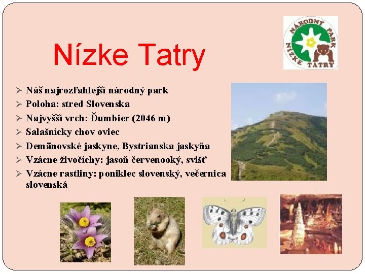 Nízke Tatry Ø Náš najrozľahlejší národný park Ø Poloha: stred Slovenska Ø Najvyšší vrch: