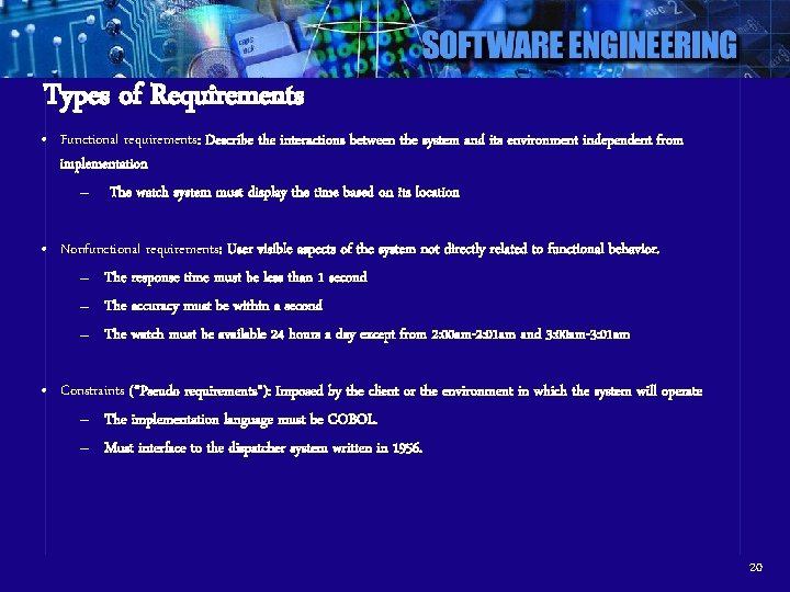 Types of Requirements • Functional requirements: Describe the interactions between the system and its