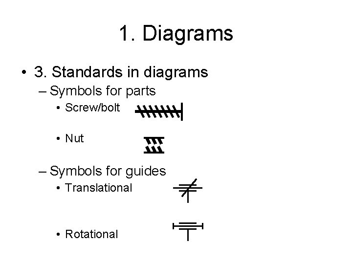 1. Diagrams • 3. Standards in diagrams – Symbols for parts • Screw/bolt •