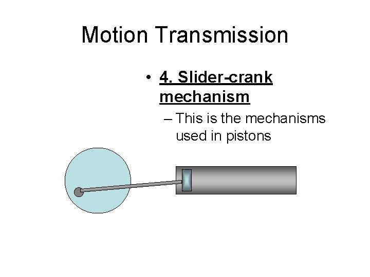 Motion Transmission • 4. Slider-crank mechanism – This is the mechanisms used in pistons