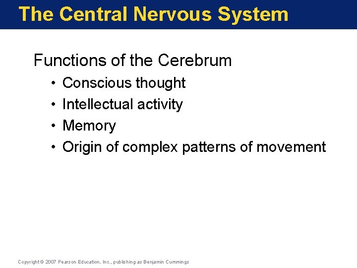 The Central Nervous System Functions of the Cerebrum • • Conscious thought Intellectual activity