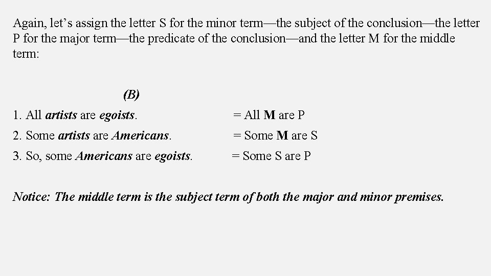 Again, let’s assign the letter S for the minor term—the subject of the conclusion—the