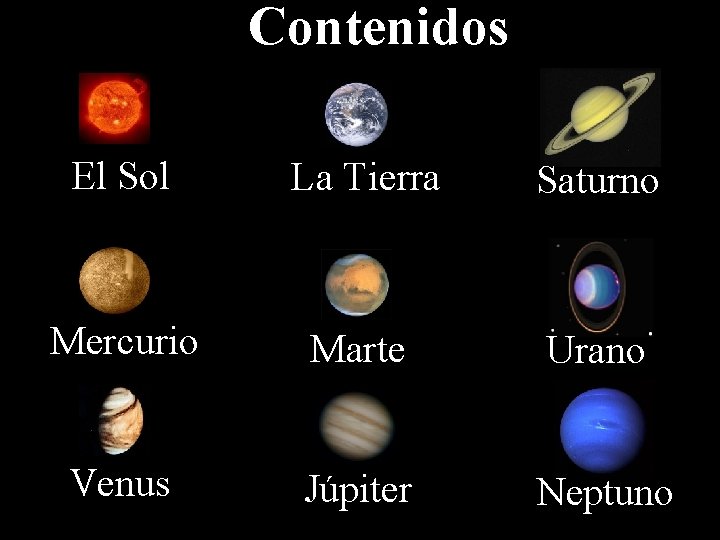 Contenidos El Sol La Tierra Saturno Mercurio Marte Urano Venus Júpiter Neptuno 