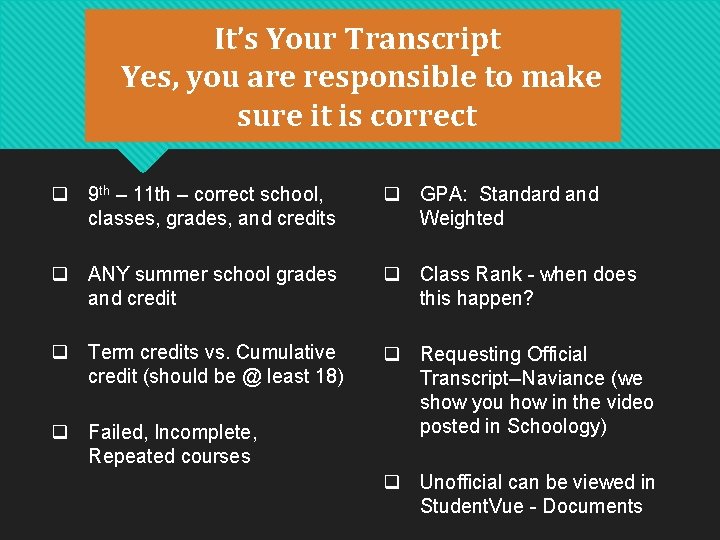 It’s Your Transcript Yes, you are responsible to make sure it is correct q It’s Your Transcript Yes, you are responsible to make sure it is correct q