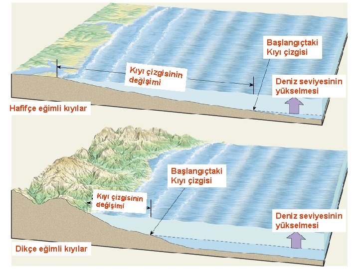 KIYILAR VE DENİZLER Yrd. Doç. Dr. Yaşar EREN Başlangıçtaki Kıyı çizgis inin değişimi Deniz