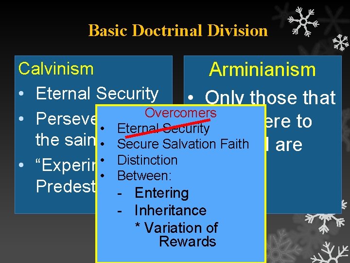 Basic Doctrinal Division Calvinism Arminianism • Eternal Security • Only those that Overcomers •