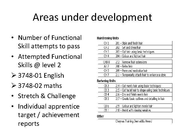 Areas under development • Number of Functional Skill attempts to pass • Attempted Functional