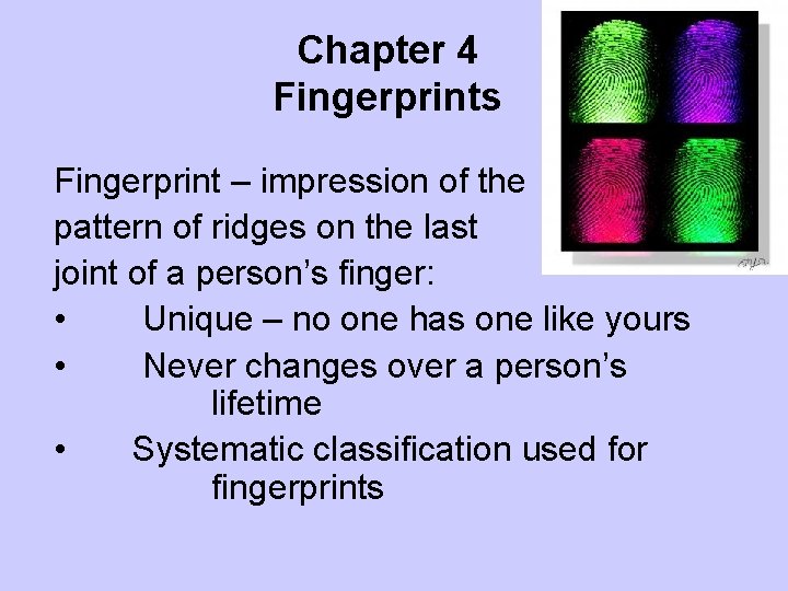 Chapter 4 Fingerprints Fingerprint – impression of the pattern of ridges on the last