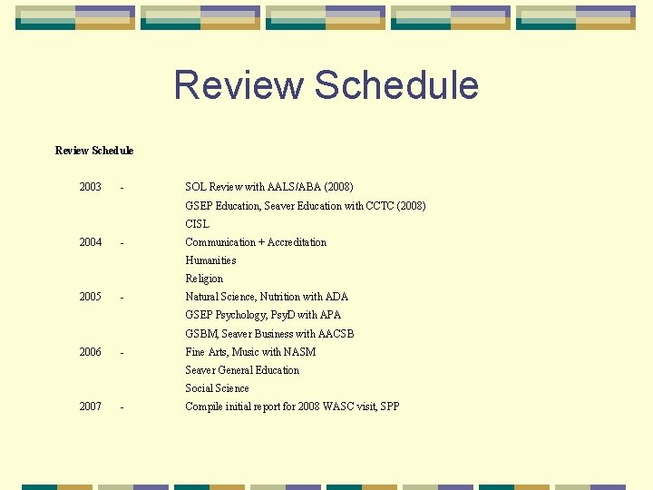 Review Schedule 2003 - SOL Review with AALS/ABA (2008) GSEP Education, Seaver Education with