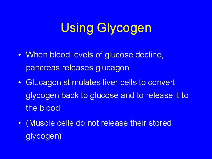 Using Glycogen • When blood levels of glucose decline, pancreas releases glucagon • Glucagon