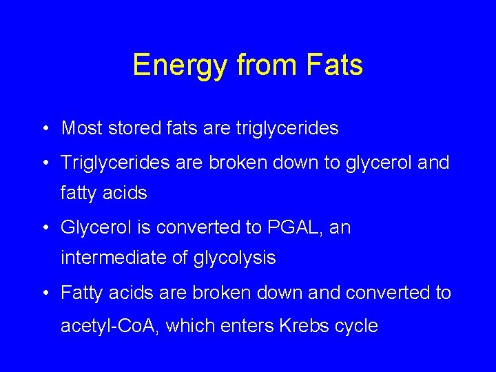 Energy from Fats • Most stored fats are triglycerides • Triglycerides are broken down