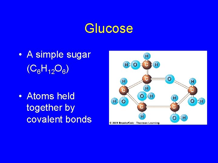 Glucose • A simple sugar (C 6 H 12 O 6) • Atoms held