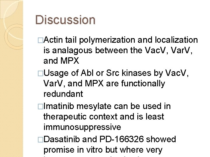 Discussion �Actin tail polymerization and localization is analagous between the Vac. V, Var. V,