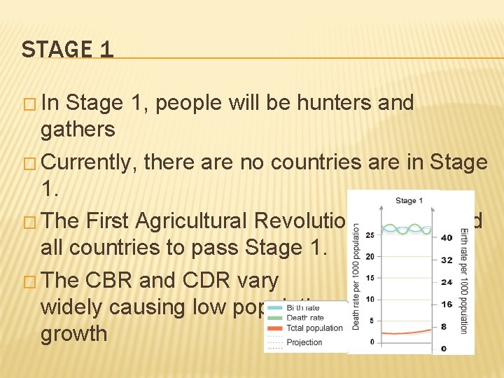 STAGE 1 � In Stage 1, people will be hunters and gathers � Currently,