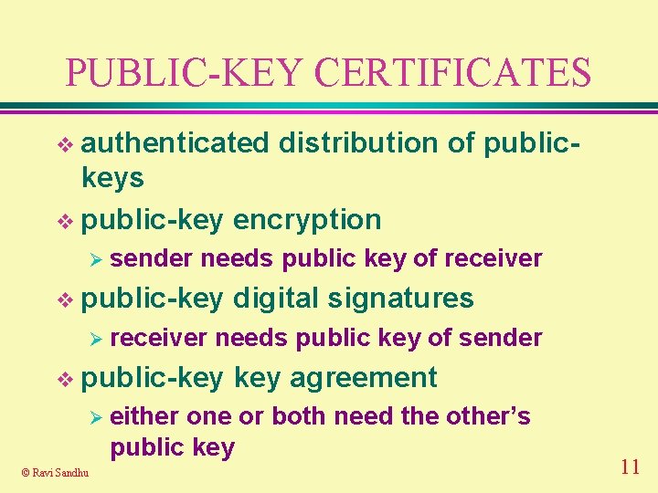 PUBLIC-KEY CERTIFICATES v authenticated distribution of public- keys v public-key encryption Ø sender needs