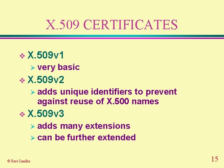 X. 509 CERTIFICATES v X. 509 v 1 Ø very basic v X. 509