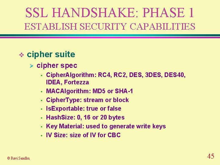 SSL HANDSHAKE: PHASE 1 ESTABLISH SECURITY CAPABILITIES v cipher suite Ø cipher spec •