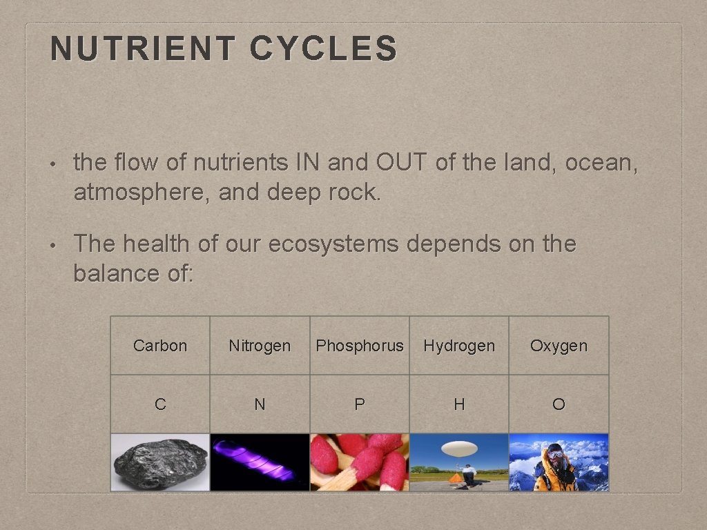 NUTRIENT CYCLES • the flow of nutrients IN and OUT of the land, ocean,