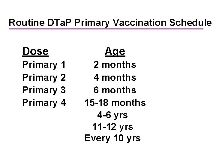 Routine DTa. P Primary Vaccination Schedule Dose Primary 1 Primary 2 Primary 3 Primary