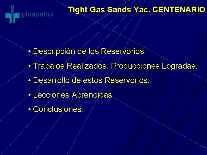 Tight Gas Sands Yac. CENTENARIO • Descripción de los Reservorios. • Trabajos Realizados. Producciones