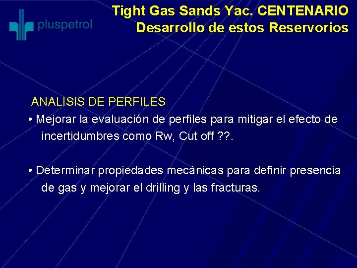 Tight Gas Sands Yac. CENTENARIO Desarrollo de estos Reservorios ANALISIS DE PERFILES • Mejorar