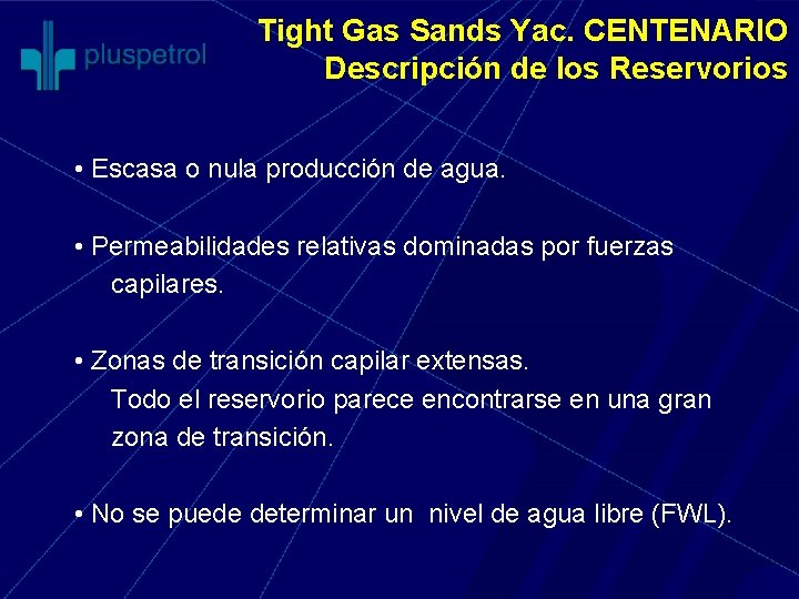 Tight Gas Sands Yac. CENTENARIO Descripción de los Reservorios • Escasa o nula producción