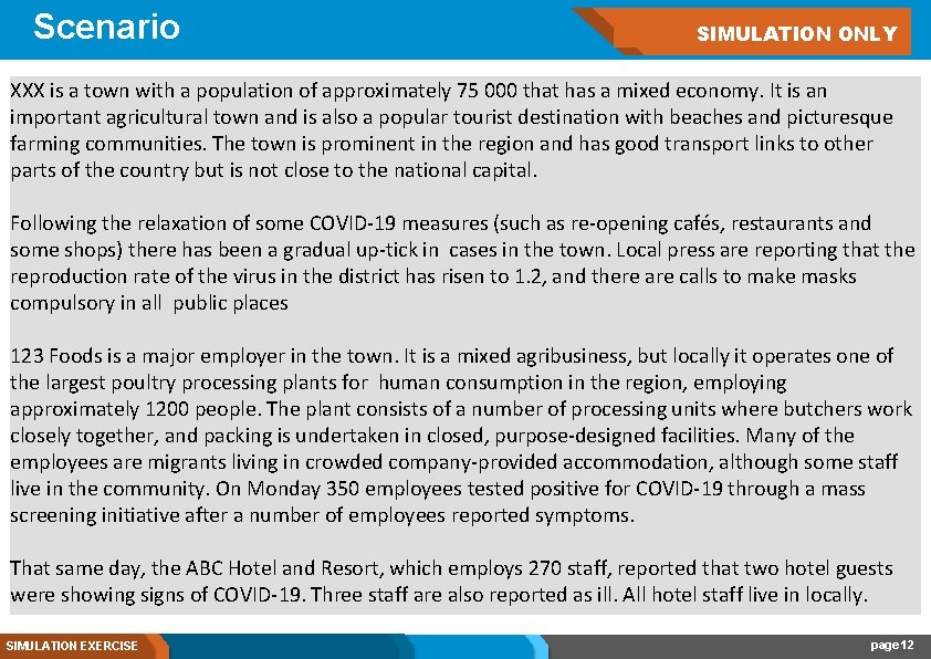 Scenario SIMULATION ONLY XXX is a town with a population of approximately 75 000