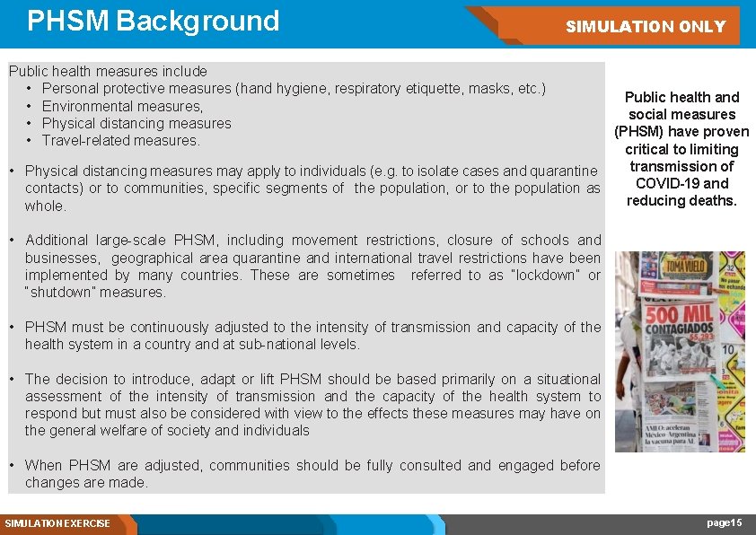 PHSM Background SIMULATION ONLY Public health measures include • Personal protective measures (hand hygiene,