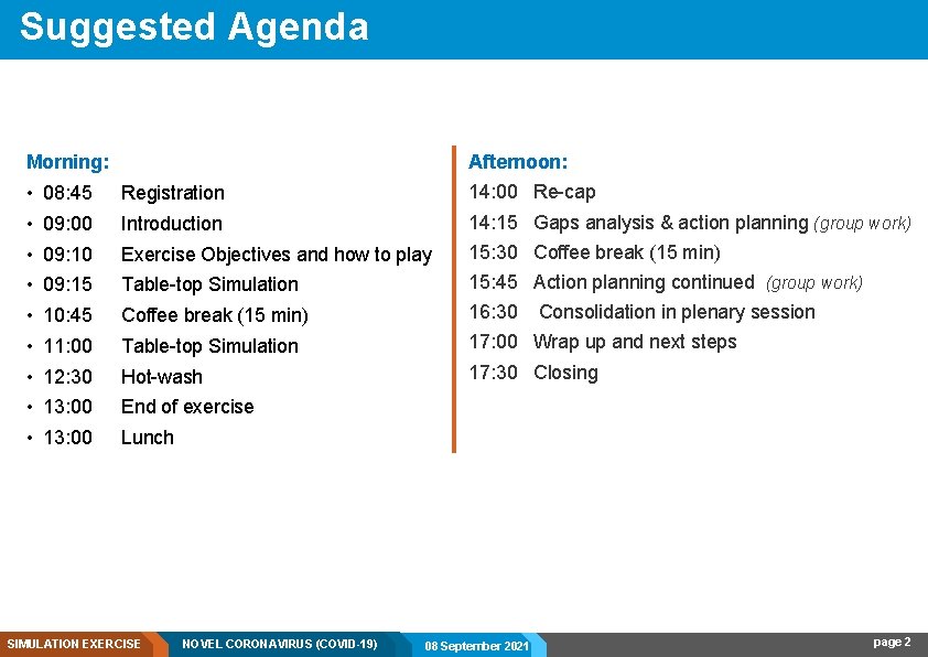 Suggested Agenda Morning: Afternoon: • 08: 45 Registration 14: 00 Re-cap • 09: 00