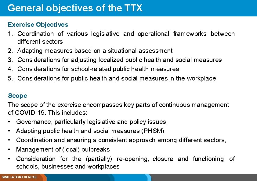 General objectives of the TTX Exercise Objectives 1. Coordination of various legislative and operational