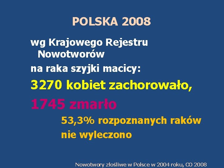 POLSKA 2008 wg Krajowego Rejestru Nowotworów na raka szyjki macicy: 3270 kobiet zachorowało, 1745
