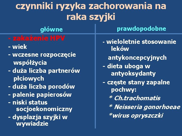 czynniki ryzyka zachorowania na raka szyjki główne - zakażenie HPV - wiek - wczesne