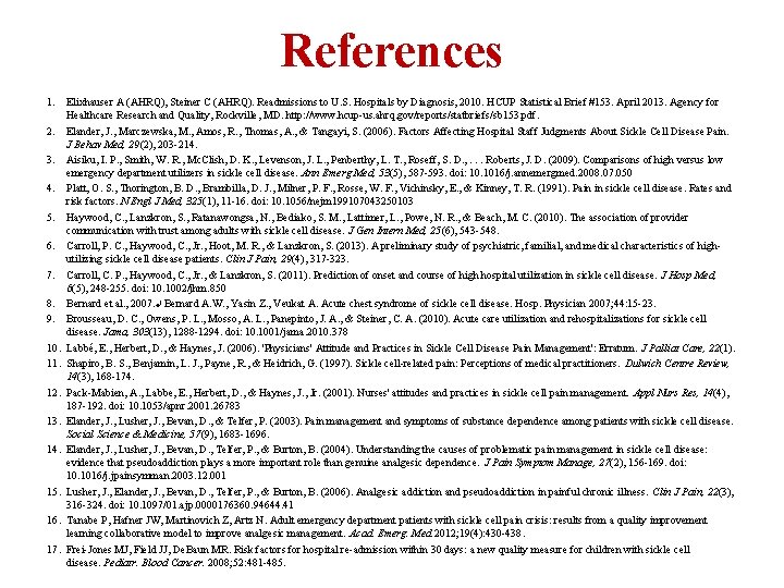 References 1. Elixhauser A (AHRQ), Steiner C (AHRQ). Readmissions to U. S. Hospitals by