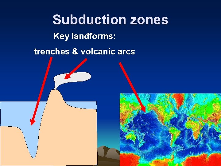 Subduction zones Key landforms: trenches & volcanic arcs 